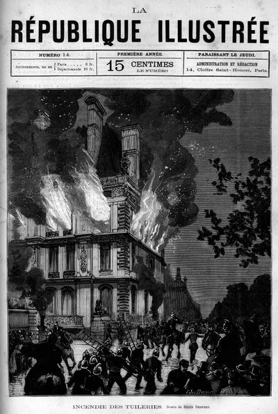 Pożar pawilonu Flore w Tuileries w Paryżu. Gazeta. Rycina z 1880 r. w prywatnej kolekcji „La republique illustree”. autorstwa French School
