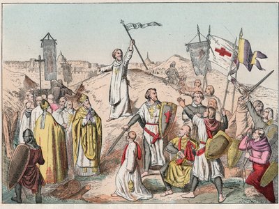 Pierwsza krucjata: oblężenie i zdobycie Jerozolimy przez krucjaty prowadzone przez Godefroya (Godefroi) de Bouillon (1058-1100) w 1099 r. - Godfrey de Bouillon podczas oblężenia Jerozolimy - Rycina z końca XIX wieku w „” Nos Gires Nationales - Obrazy e autorstwa French School