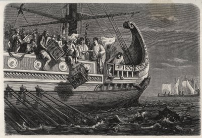 Pierwsza wojna punicka - Publius Claudius Appius Pulcher (zmarł ok. 240 rpne) przed bitwą pod Drepanum (249 rpne) wyrzuca święte kurczaki do morza - Pierwsza wojna punicka - Bitwa pod Drepaną - Publius Claudius Appius Pulcher przed bitwą pod Drepanum thro autorstwa French School