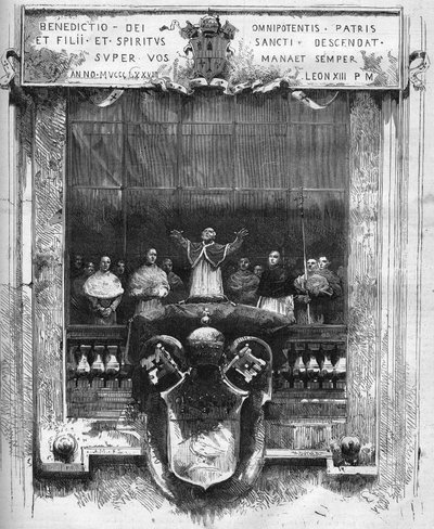 Pierwsze błogosławieństwo papieża Leona XIII (Leone) (1810-1903) ze szczytu wewnętrznego podium św. Piotra 20 lutego autorstwa French School