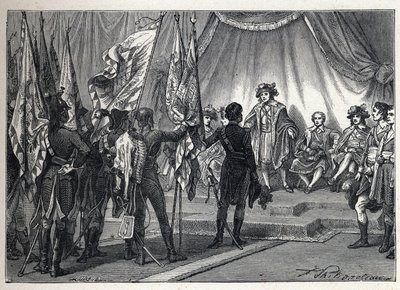Pierwsza koalicja: Joachim Murat (1767-1815) przekazuje Zarządowi flagi zdobyte przez armię francuską pod dowództwem Napoleona Bonaparte podczas kampanii włoskiej. Rycina z 1889 r. Ze zbiorów prywatnych. autorstwa French School