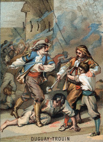 Pierwszy wyczyn Rene Duguay Trouina (Duguay-Trouin) (Rene Trouin du Gue dit) (1673-1736), francuskiego marynarza: Duguay - kombatant Trouin Wassenaer (1695). Chromolitografia z cyklu „Wychowanie patriotyczne przez obraz”. autorstwa French School