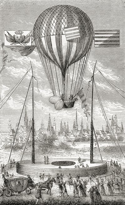 Pierwszy lot sterowcem, z Dijon, 12 czerwca 1784, z książki „Wonderful Balloon Ascents or the Conquest of the Skies”, autorstwa Fulgence Marion, wydanej ok. 1870 r. autorstwa French School