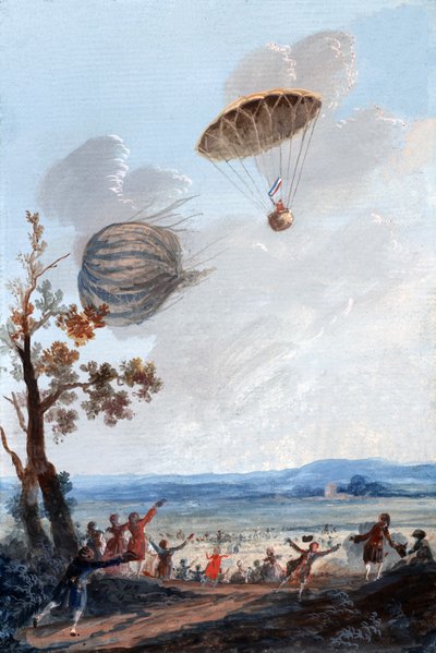 Pierwszy człowiek, który zszedł na spadochronie, 22 października 1797, w Parc Monceau, Paryż, ok. 1797 autorstwa French School
