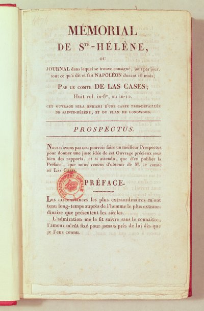 Pierwsza strona Memorial de Sainte-Helene autorstwa Emmanuela Las Cases (1766-1842) 1823 autorstwa French School