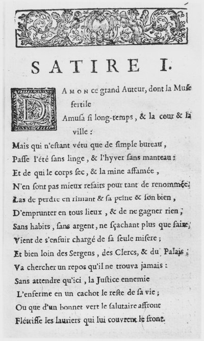 Pierwsza strona Satyry Nicolasa Boileau, znanego jako Boileau-Despreaux, wydanej w 1685 r. autorstwa French School