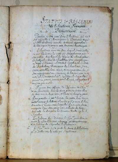 Pierwsza strona statutu Akademii Francuskiej, 1635 (tusz na papierze) (patrz także 179947) autorstwa French School