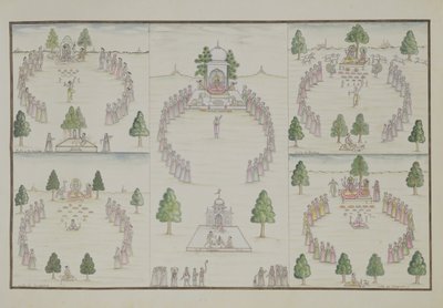 Pięć hinduskich kultów: Shiva, Krishna, Vishnu, Brahma i Mother Goddess z The Gentil Album, opublikowanego w 1774 roku autorstwa French School