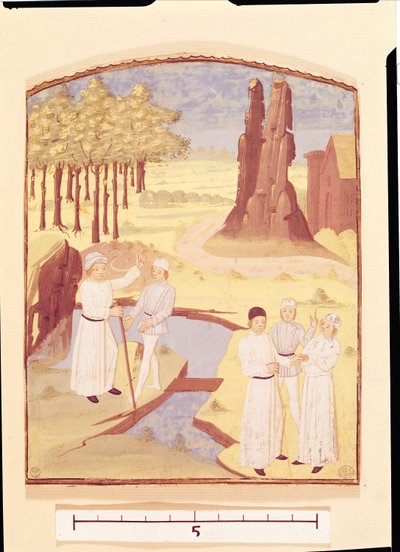 Pięć osób omawiających projektowanie ogrodów, z Livre des Prouffitz Champestres autorstwa Pietro de Crescenzi (1230-132021) autorstwa French School