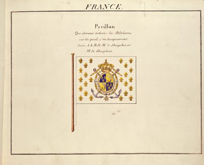 Flaga Delfina i Delfina, Ludwika Antoniego i Marii Teresy z Francji, z pawilonów mocarstw morskich, ok. 1815-30 (kolor grawerowany) autorstwa French School
