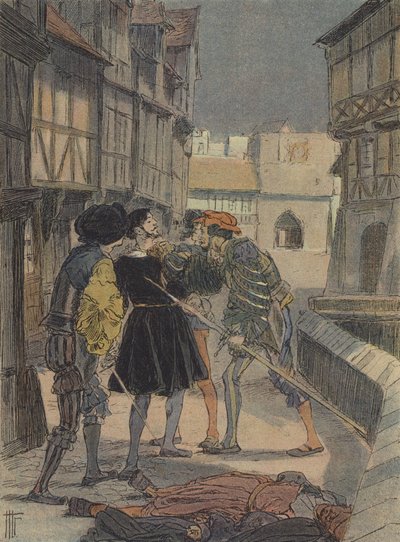 Florencki złotnik i rzeźbiarz Benvenuto Cellini otoczony i zagrożony przez grupę mężczyzn (kolorowa litografia) autorstwa French School