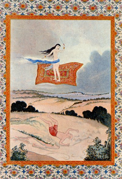 Leć, o magiczny dywaniku i przenieś mnie, ilustracja z filmu The Arabian Nights. 1895 (kolor grawerowany) autorstwa French School