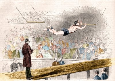 Latający numer trapezu francuskiego akrobaty Julesa Leotarda (1839-1870) w Cirque de Napoleon (dzisiejszy Cirque d