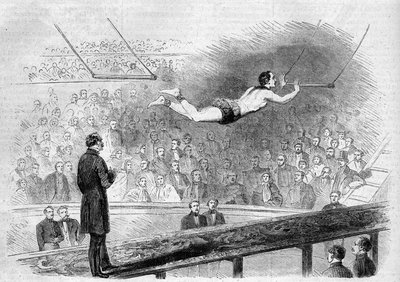 Latający numer trapezu francuskiego akrobaty Julesa Leotarda (1839-1870) w Cirque de Napoleon (dzisiejszy Cirque d