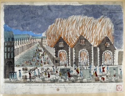 Jarmark Foire Saint Germain w Paryżu, w nocy z 16 na 17 marca 1762 - rycina autorstwa French School
