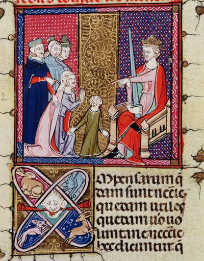 Fol.11v Dziecko i jej matka pojawiające się przed sędzią z Justiniani w Fortiatum autorstwa French School