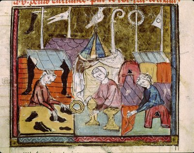 Fol.122v Kupcy na targach Lendit w pobliżu St. Denis, z Grandes Chroniques de France, 1375-79 autorstwa French School