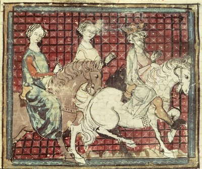 Fol.31r Chilperic I (543-97) i Fredegonde na koniu, z Grandes Chroniques de France, 1375-79 autorstwa French School