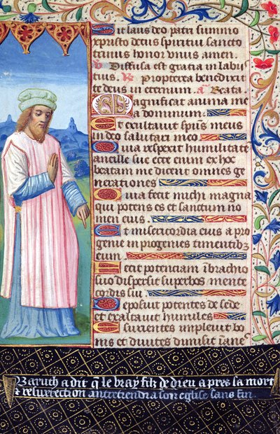 Fol.36v Tekst Magnificat z portretem Barucha, z Heures a lUsage de Rome autorstwa French School