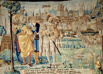 Fondation de la ville de Paris. Król Franciszek I (1494-1547) po powrocie z niewoli w 1527 r. postanowił założyć swoją stałą stolicę w Paryżu. Gobelin „Baśniowa historia Galów” wykonany przez warsztat Arras. 1530 Beauvais, oddział autorstwa French School