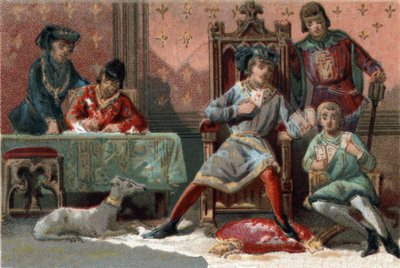 Aby odwrócić uwagę, król Francji Karol VI (1368-1422) grał w karty. Chromolitografia około 1890 r. autorstwa French School