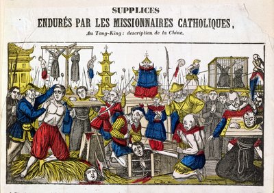 Formy tortur znoszone przez katolickich misjonarzy w Tonking, Chiny, 1840 autorstwa French School