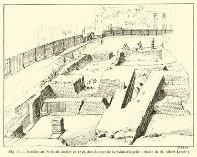 Wykopaliska w Palais de Justice w 1848, na dziedzińcu Sainte-Chapelle, Rys. M. Albert Lenoir autorstwa French School