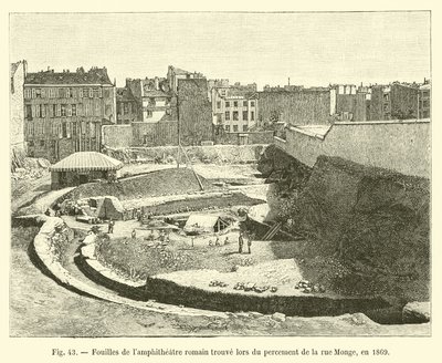 Wykopaliska rzymskiego lampitheatera znalezionego podczas kopania rue Monge w 1869 r. autorstwa French School