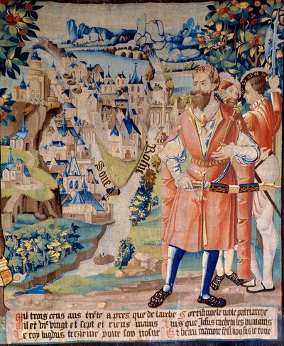 Założenie miasta Lyon: Lugdus wnuk Galathesa, założyciel Galii, z towarzyszami, za nim miasto Lyon u zbiegu Rodanu i Saony, w oddali góry Alpy. Gobelin "Bajeczna historia Galii". autorstwa French School