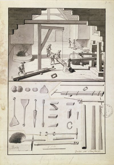 Odlewnia, rysunek do Description des Arts et Métiers autorstwa L. Simonneau, który zainspirował Diderota do Encyclopédie autorstwa French School