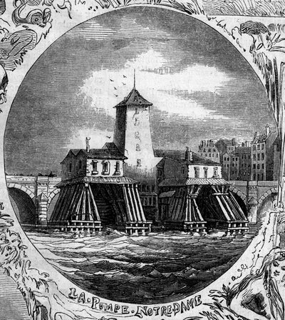 Fontanna Paryża: widok na Pompe Notre Dame (1676). Ta pompa hydrauliczna została zburzona w 1858 r. Grawer „” Le Monde Illustré” nr 254 z 22 lutego autorstwa French School
