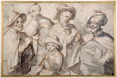 Czterech liry korbowych i chłopiec z fajką, ok. 1650-99 (pióro i atrament na papierze) autorstwa French School