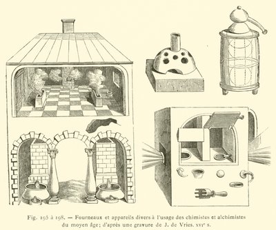 Piece i różne urządzenia do użytku chemików i alchemików średniowiecza (rytownictwo) autorstwa French School