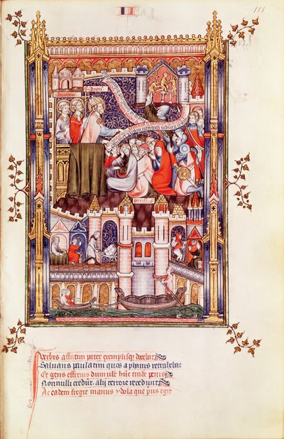 Ks 2091 fol.111 Św. Denis przemawia do Paryżan, którzy łamią swoich pogańskich bożków, z Vie de St. Denis, 1317 autorstwa French School
