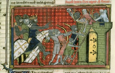 Fr 22495 f.36r Atak na miasto, z Le Roman de Godefroi de Bouillon autorstwa French School
