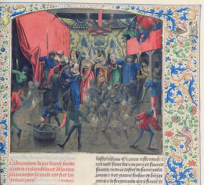 Fr 2646 f.176 Bal des Ardents, Karol uratowany przez księżną Berry po podpaleniu przez Ludwika Orleańskiego kostiumów tancerzy, 1392, z Froissarts Chronicle autorstwa French School