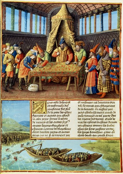Fr 5594 f.267v Bayezid I otrzymujący okup, z Passages faits Outremer napisany przez Sebastiena Mamerota, c.1490 autorstwa French School