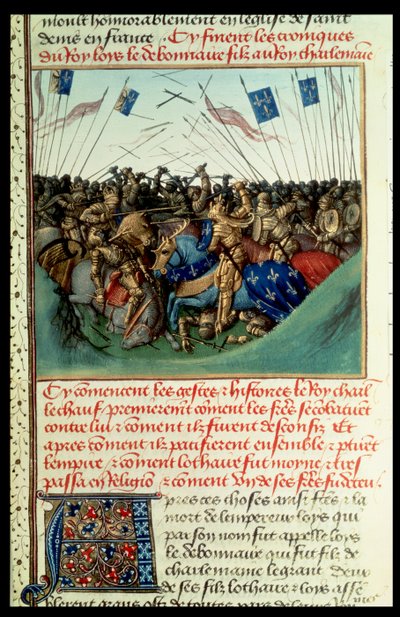Fr 6465 f.140 Lothair I (795-855) Cesarz Zachodu w walce z braćmi Ludwikiem Niemieckim (ok. 804-76) i Karolem Łysym (823-77) w Fontenoy en Puisaye w 841 autorstwa French School