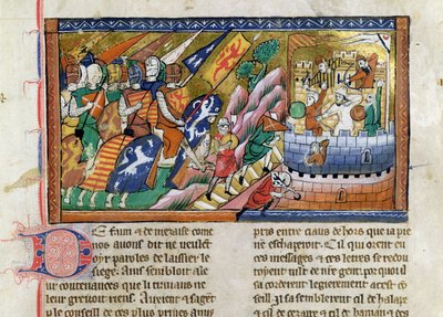 Fr 9084 f.53 Angielska armia atakująca zamek, z "Chronique de Guillaume de Tyr" (pergamin) autorstwa French School