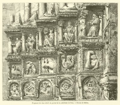 Fragment płaskorzeźby z portalu katedry Sens (rycina) autorstwa French School