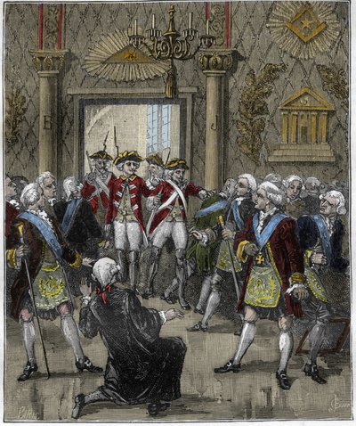 Franc-Maconnerie (Franc Maconnerie) w Hotel de Soisson w Paryżu w czerwcu 1745: Ceremonia Franco-Maconów przerwana przez przybycie komisarza policji. Grawerowanie w „Paryżu przez wieki”, Gourdon de Kenouillac 1880.. autorstwa French School