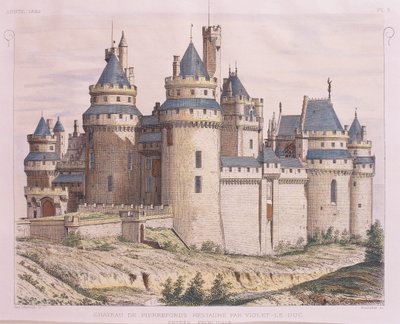 Francja, średniowieczny zamek Pierrefonds, odrestaurowany przez Violet le Duc z Moniteur des Architectes, rycina autorstwa French School