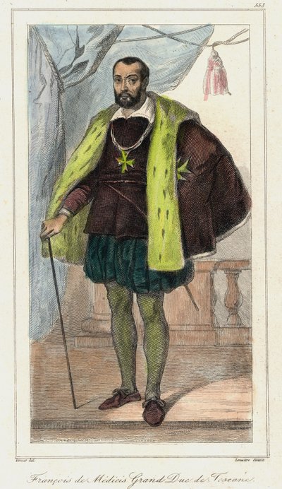 Francesco de Medici (Francis de Medicis), wielki książę Toskanii (1541 - 1587) ojciec Marii Medycejskiej. Grawerowanie XIX wieku. autorstwa French School