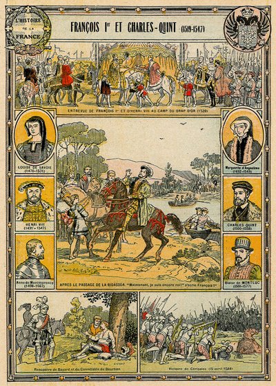 Franciszek I, król francuski i Karol V, święty cesarz rzymski, ilustracja z „Histoire de France” autorstwa French School