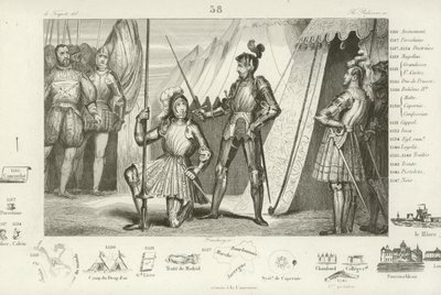 Franciszek I z Francji prosi o pasowanie na rycerza przez Kawalera Bayarda po zwycięstwie w bitwie pod Marignano we Włoszech, 1515 autorstwa French School