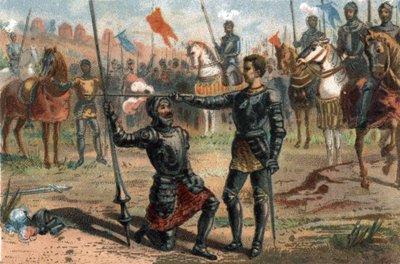 Franciszek I z Francji prosi o pasowanie na rycerza przez Kawalera Bayarda po zwycięstwie w bitwie pod Marignano we Włoszech autorstwa French School