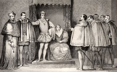 فرانسوا II (1544-60) پارلماني مرستیالانو ته ووایه چې د ګیز ډیوک او کارډینل به په ایالت کې حکومت وکړي، د کولارټ لخوا د فرانسوي تاریخ څخه، په 1840 کې خپور شوی. autorstwa French School