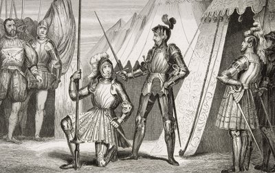 Francois I (1494-1547) pasowany na rycerza przez kapitana Bayarda po bitwie pod Marignano, z „Histoire de France” Colarta, wydanej ok. 1840 r. autorstwa French School