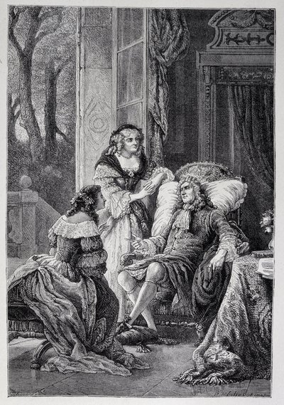 Francois de la Rochefoucauld (1613-1680) rozmawia z Mademoiselle de Sevigne (Marie de Rabutin-Chantal), markizą de Sevigne dit Madame de Sevigne (1626-1696) i Marie-Madeleine (Marie Madeleine) Pioche de La Vergne, hrabiną Lafayette (Pani F autorstwa French School