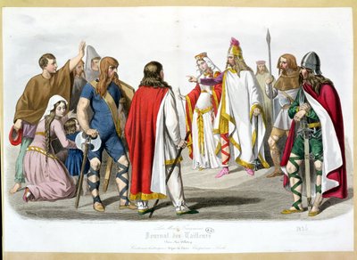 Stroje Franków i Merowingów, historyczna płyta modowa z Les Modes Francaises - Journal des Tailleurs, 1836 autorstwa French School